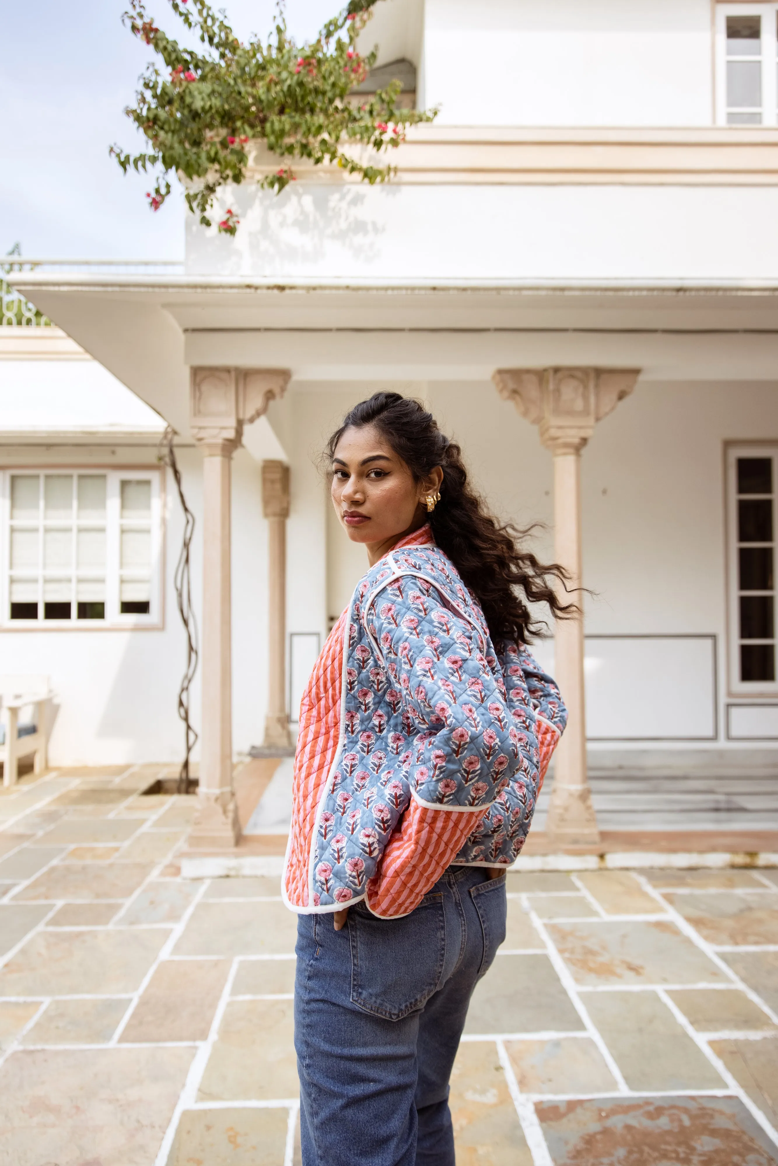 Quilted Jacket & Waistcoat in 1 - Pink Floral and Stripe Print