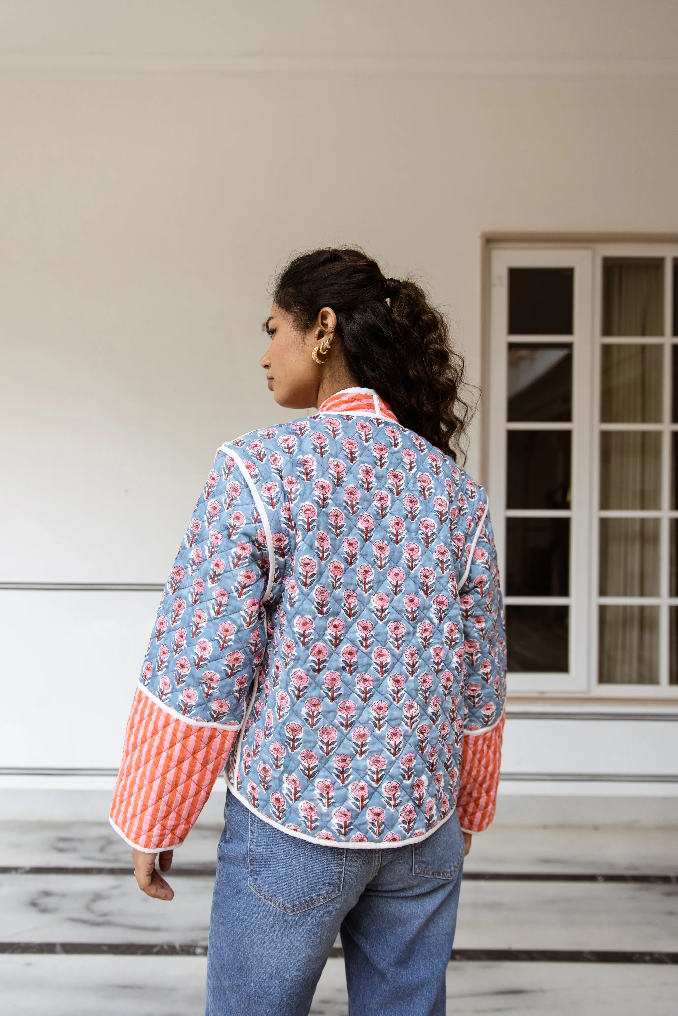 Quilted Jacket & Waistcoat in 1 - Pink Floral and Stripe Print