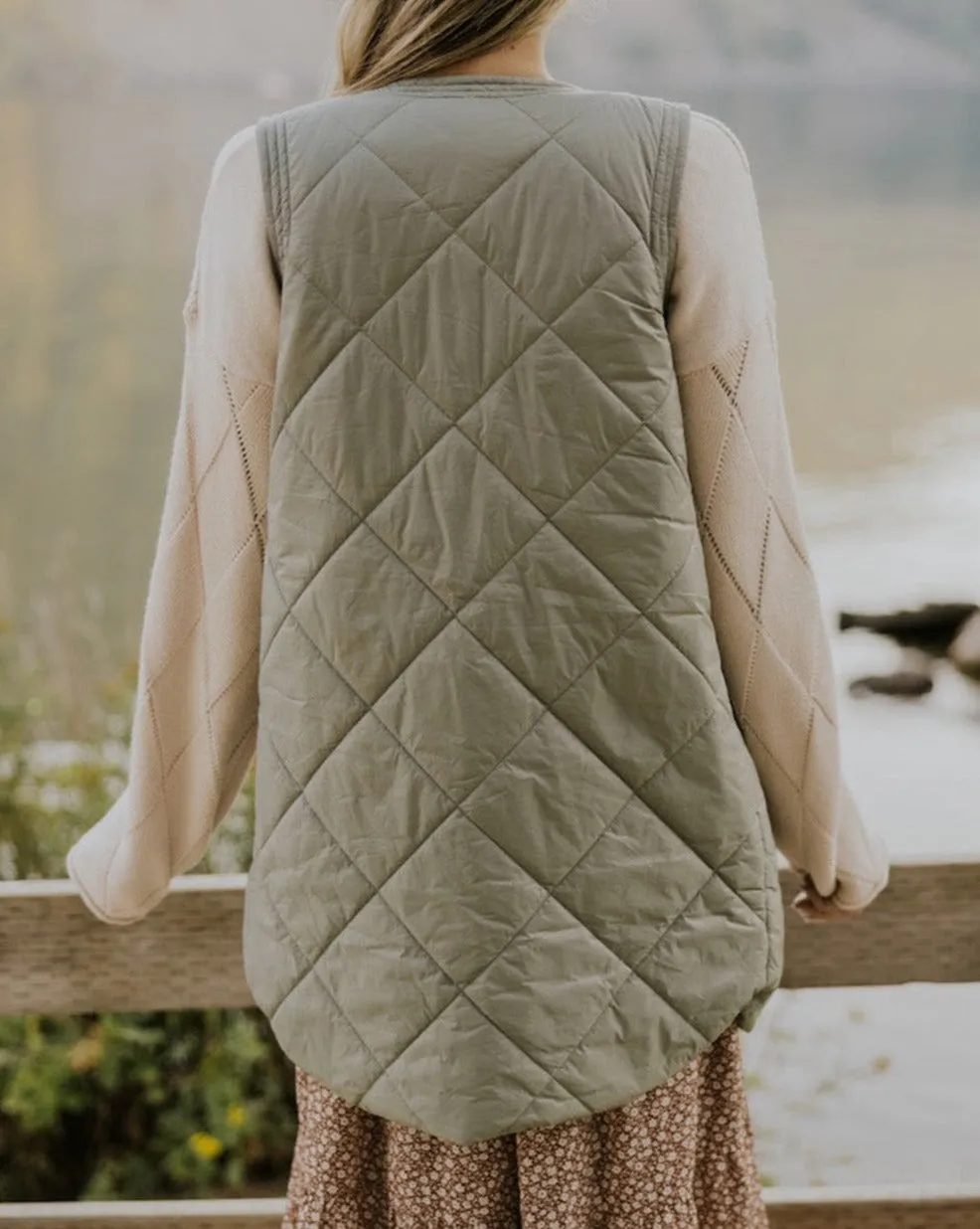 Quilted Long Vest Jacket w/Pockets