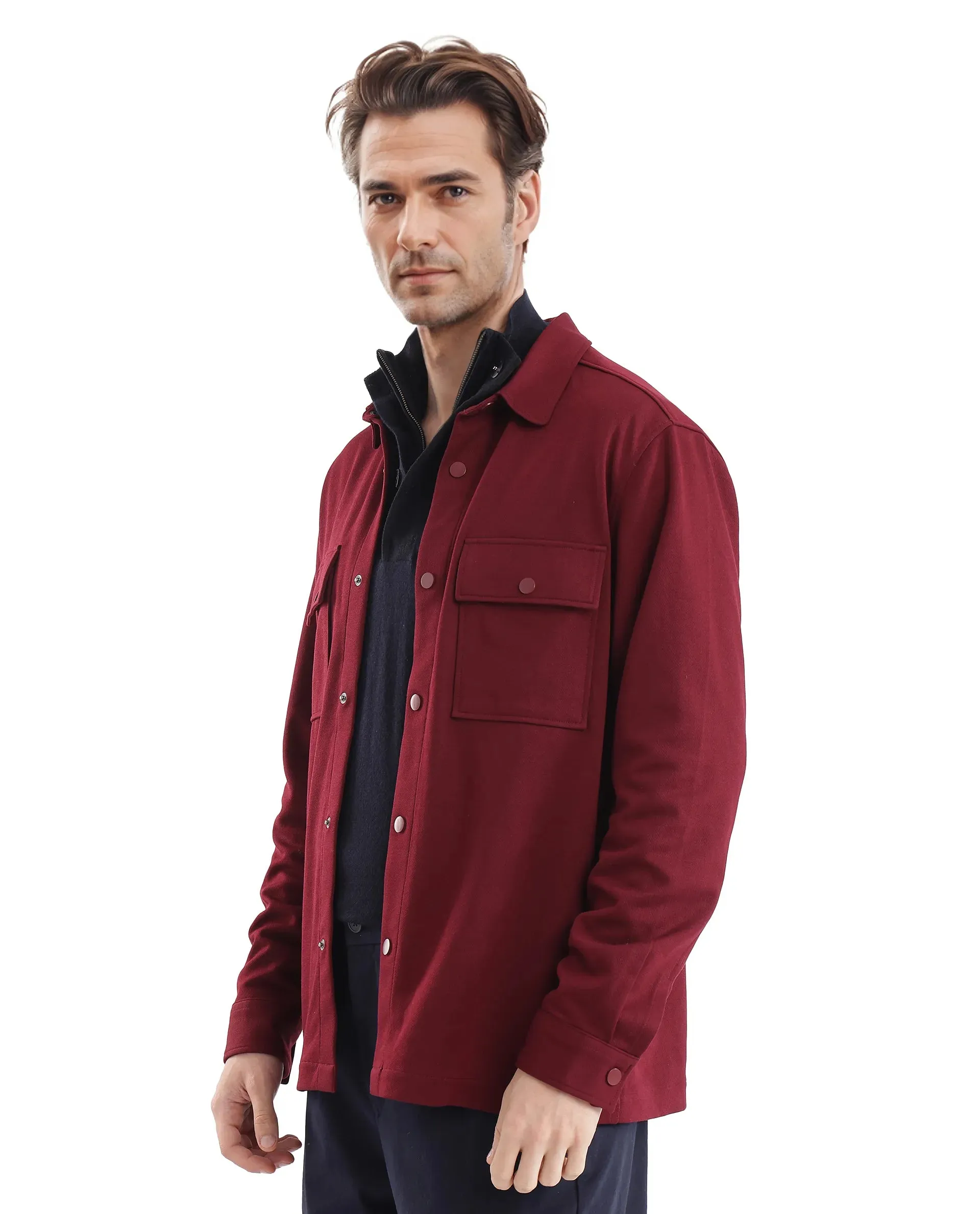 Rare Rabbit Men Arlington Red Poly Rayon Fabric Full Sleeve Regular Collar Snap Button Closure Solid Shacket