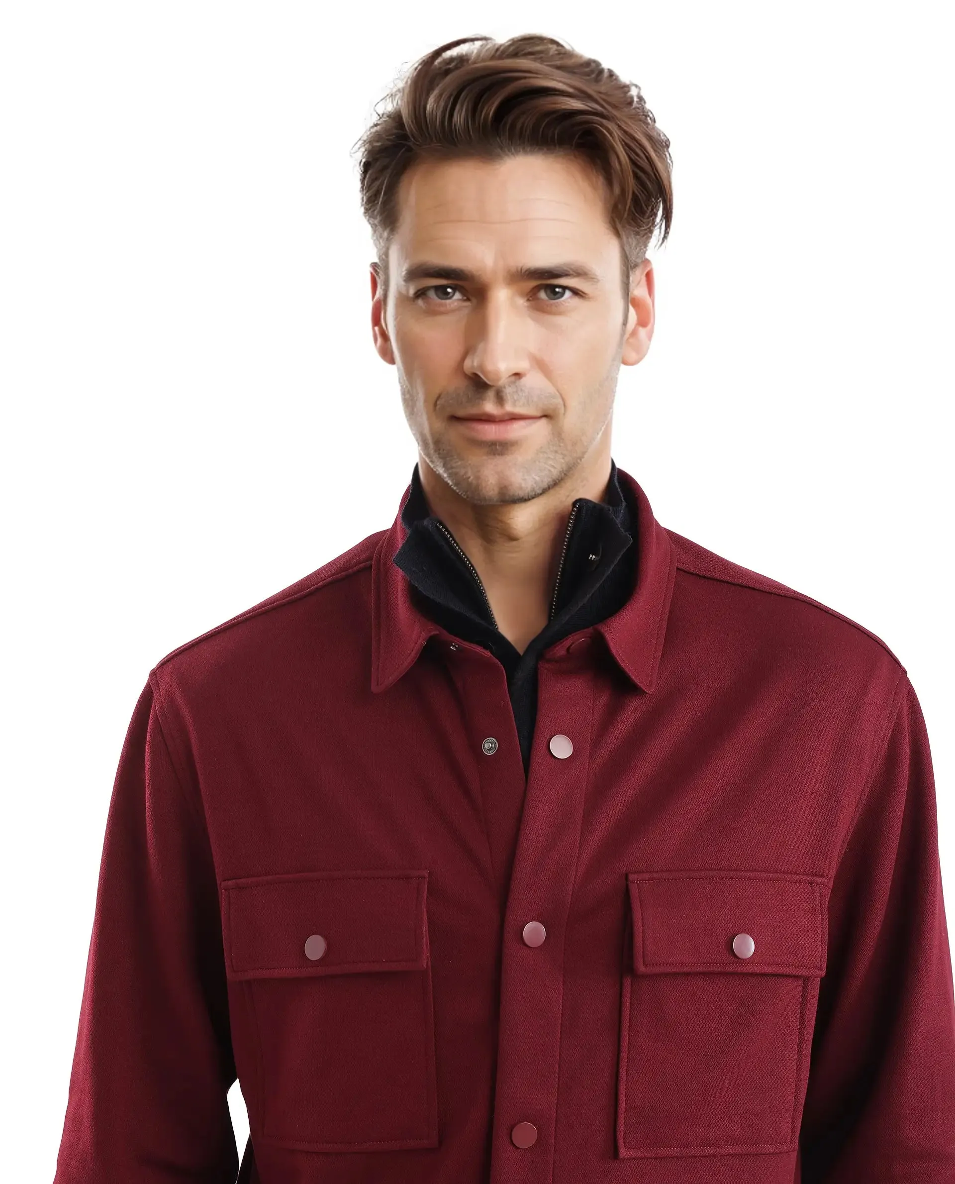 Rare Rabbit Men Arlington Red Poly Rayon Fabric Full Sleeve Regular Collar Snap Button Closure Solid Shacket