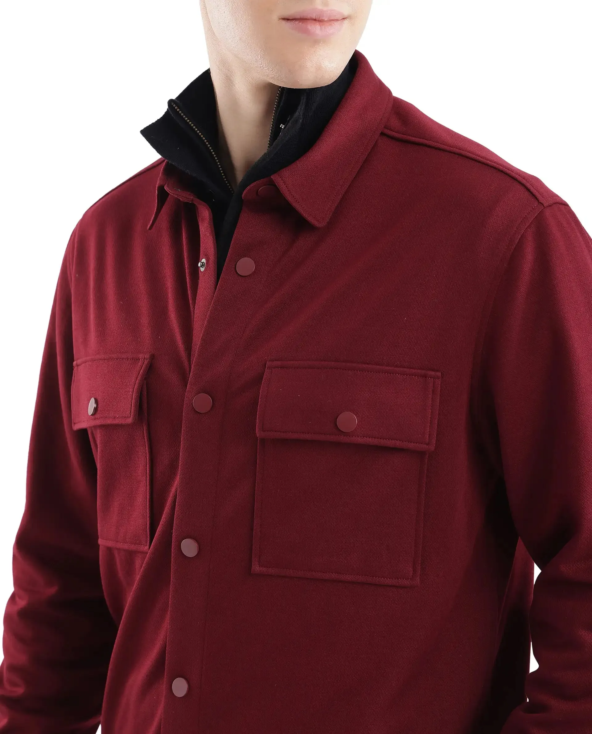 Rare Rabbit Men Arlington Red Poly Rayon Fabric Full Sleeve Regular Collar Snap Button Closure Solid Shacket