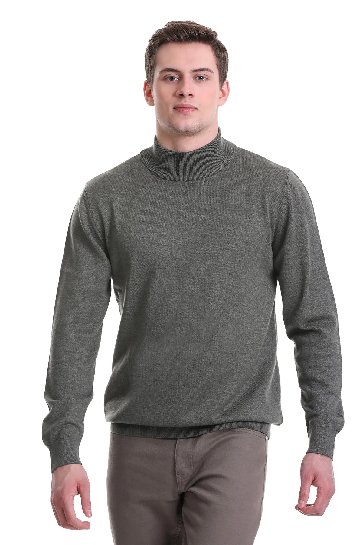 Regular Fit Light Khaki Cotton Blend Mock Neck Sweater