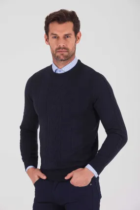 Regular Fit Plain Cotton Blend Grey Crewneck Sweater, Navy