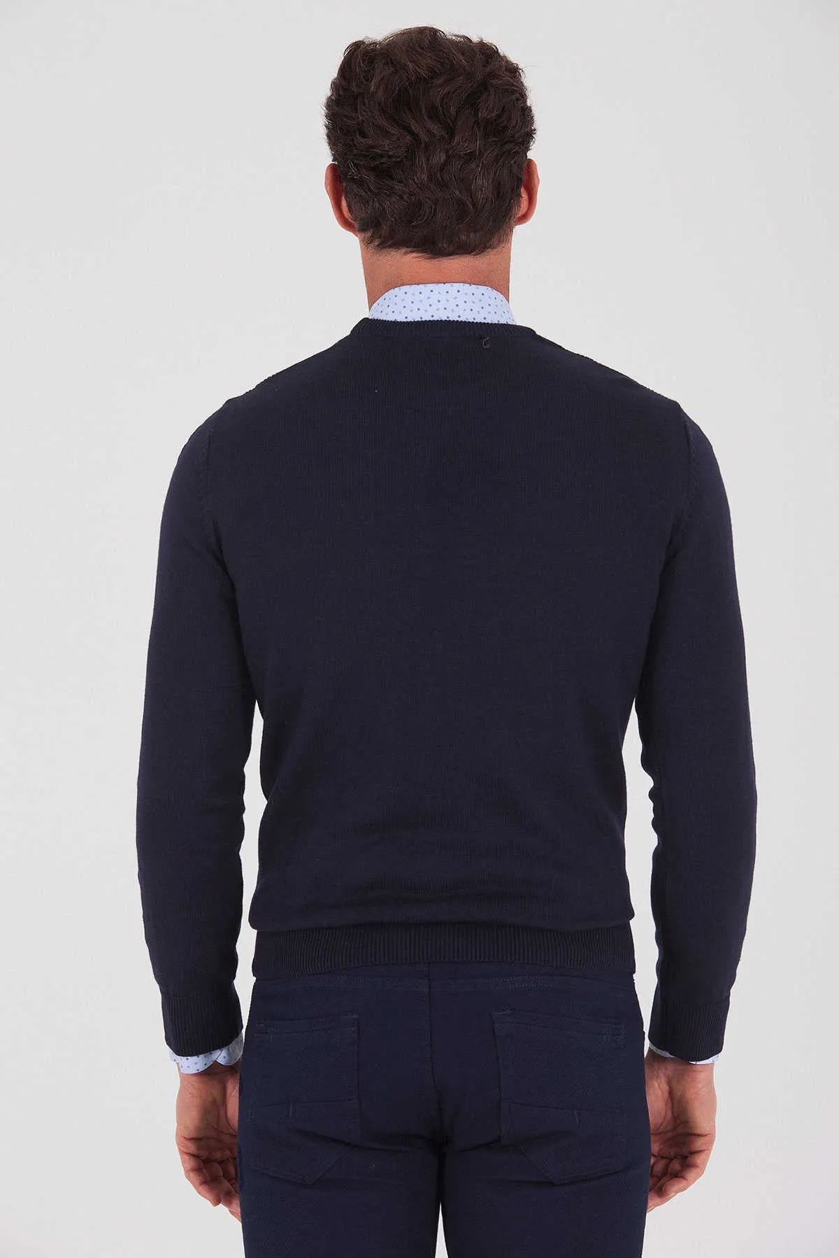 Regular Fit Plain Cotton Blend Grey Crewneck Sweater, Navy