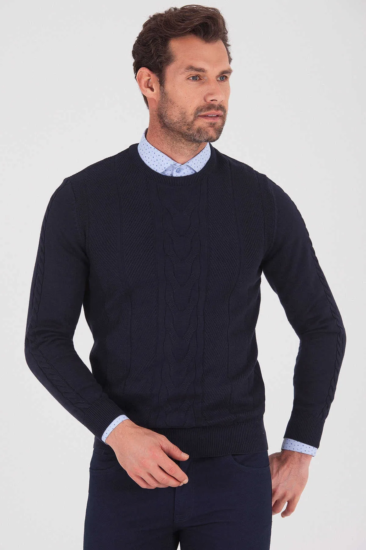 Regular Fit Plain Cotton Blend Grey Crewneck Sweater, Navy