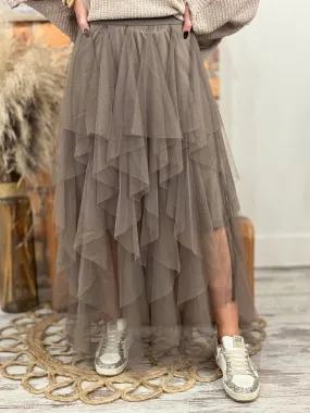 Ruffle Tulle Maxi Skirt in Olive