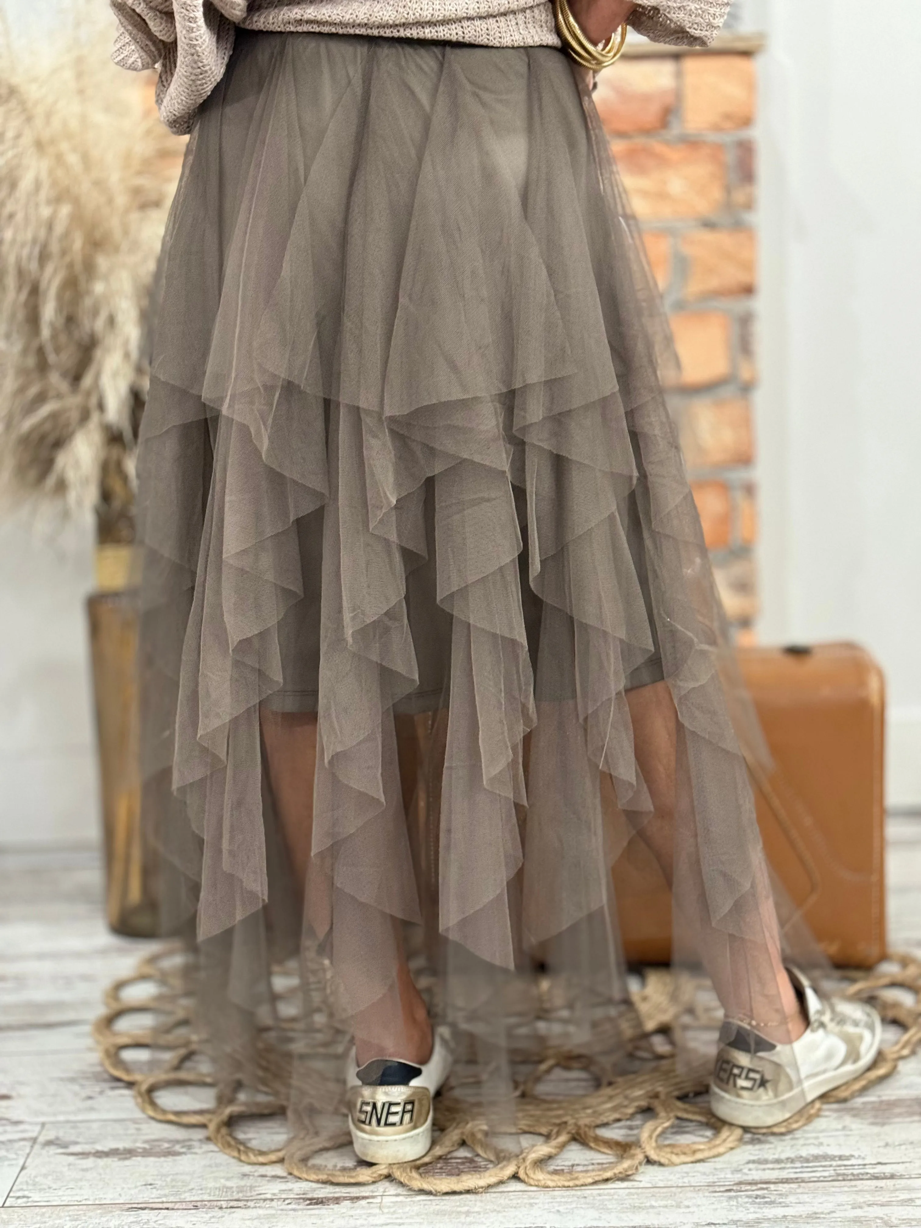 Ruffle Tulle Maxi Skirt in Olive