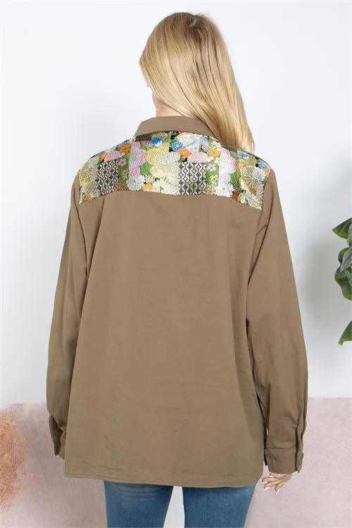 S10-13-2-J80223-OLIVE FLORAL DETAIL BUTTON DOWN SHACKET 2-2-2 (NOW $7.75 ONLY!)