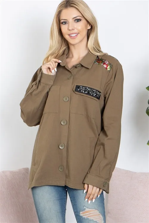 S10-13-2-J80223-OLIVE FLORAL DETAIL BUTTON DOWN SHACKET 2-2-2 (NOW $7.75 ONLY!)