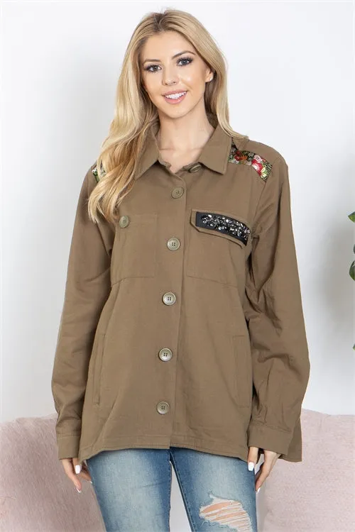 S10-13-2-J80223-OLIVE FLORAL DETAIL BUTTON DOWN SHACKET 2-2-2 (NOW $7.75 ONLY!)