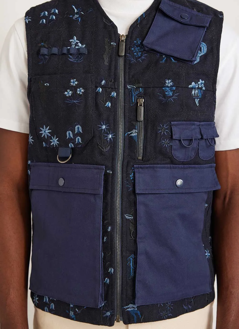 Saga Tapestry Gilet | Embroidered Wool | Navy