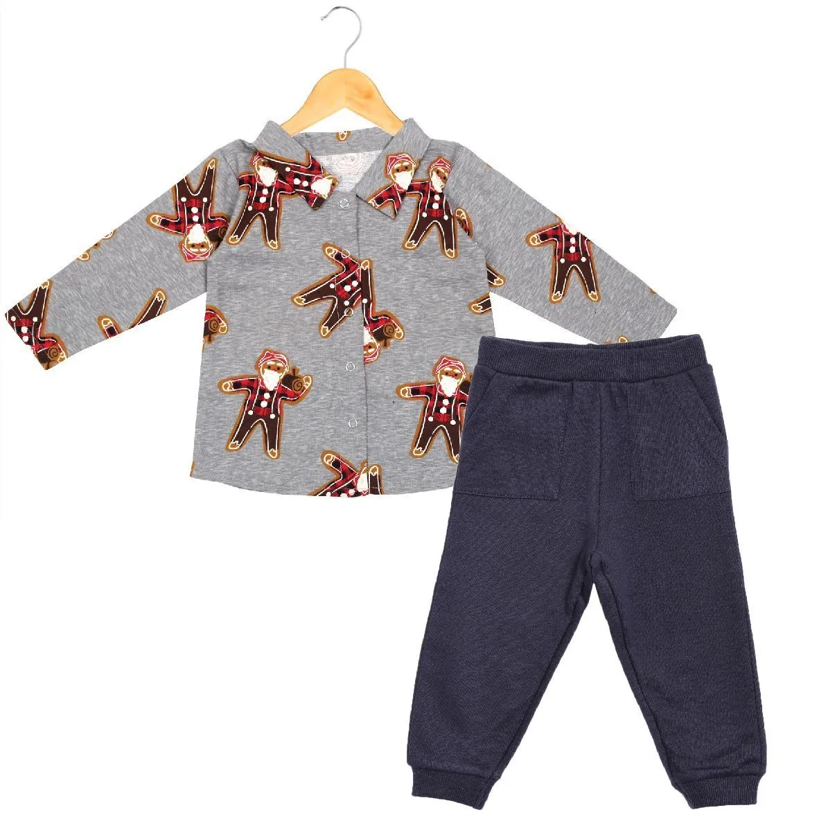 Santa Claus Flannel Jacket and Navy Blue Pants Set