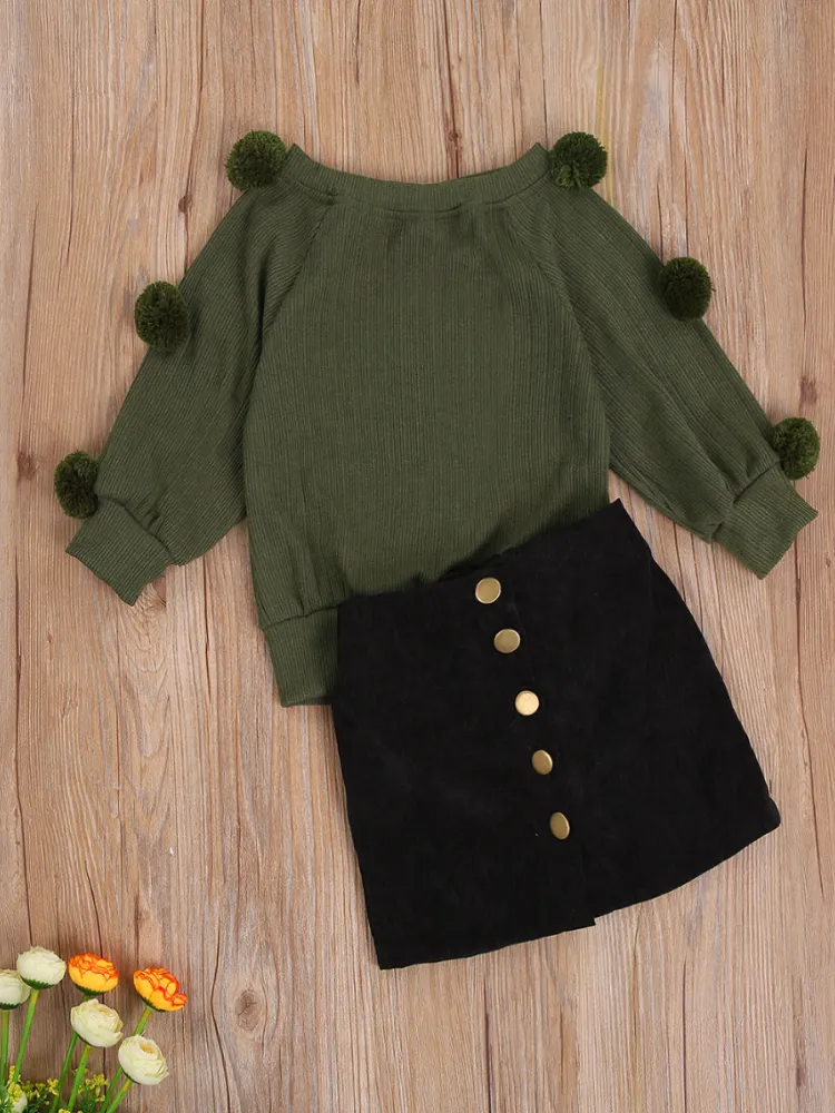 School Spirit Pom-Pom Sweater And Skirt Set