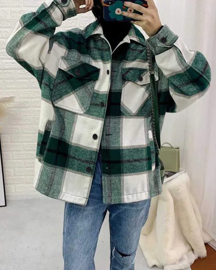 Shacket Vintage Pockets Over-sized Plaid Jacket