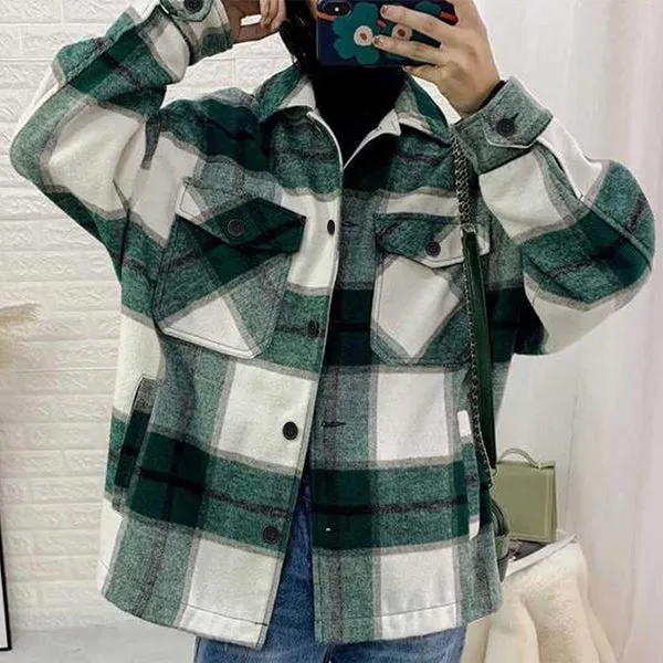 Shacket Vintage Pockets Over-sized Plaid Jacket