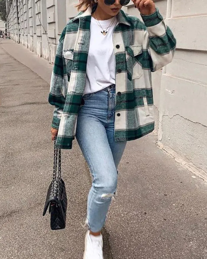 Shacket Vintage Pockets Over-sized Plaid Jacket