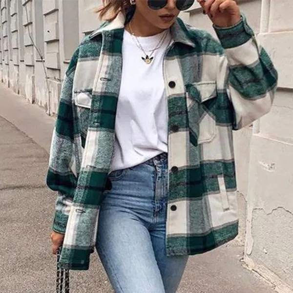 Shacket Vintage Pockets Over-sized Plaid Jacket