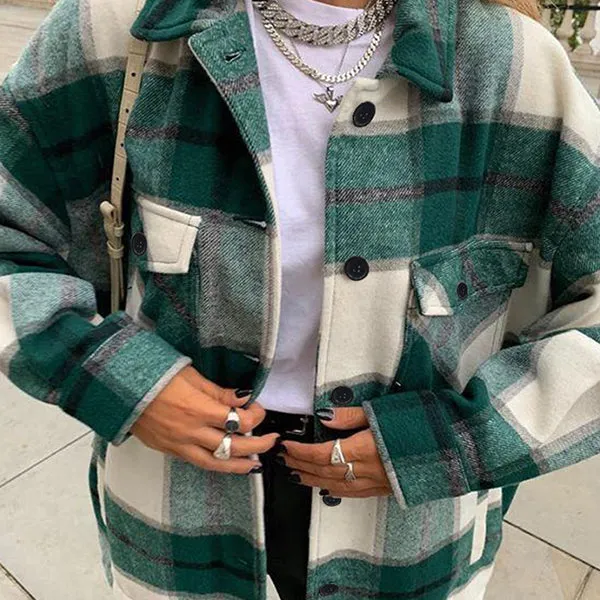 Shacket Vintage Pockets Over-sized Plaid Jacket