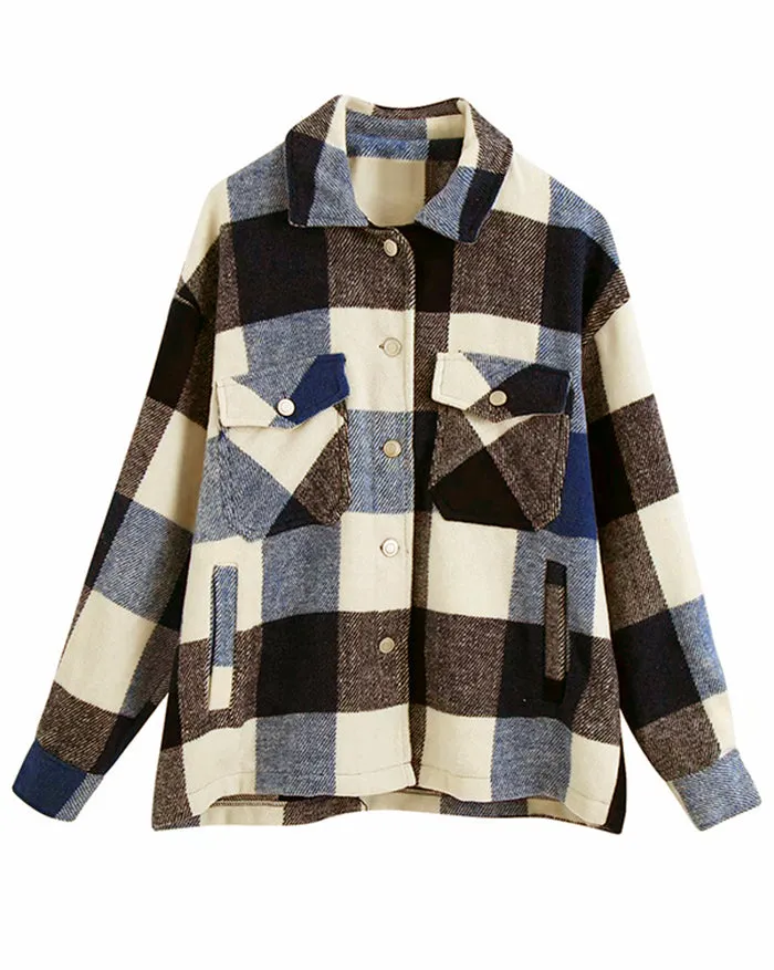 Shacket Vintage Pockets Over-sized Plaid Jacket