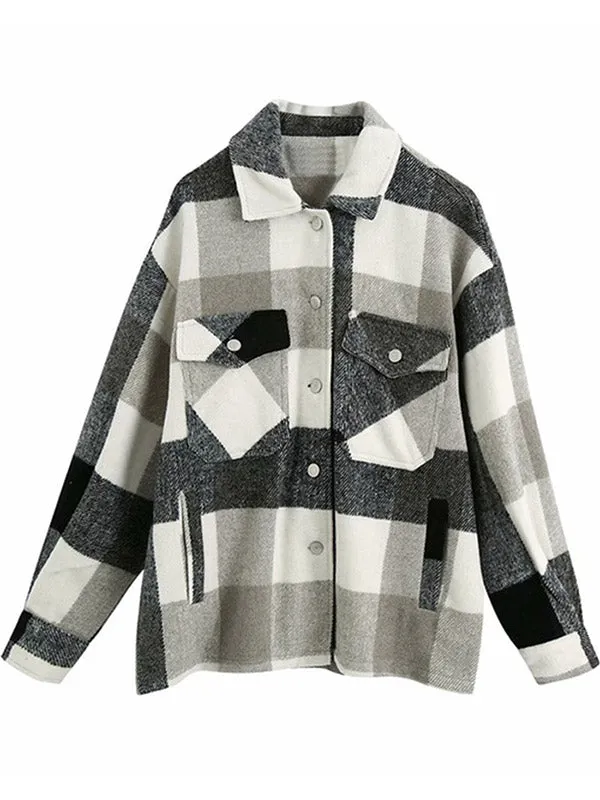 Shacket Vintage Pockets Over-sized Plaid Jacket