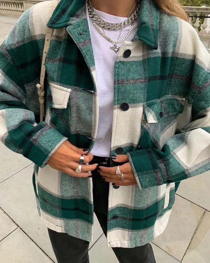 Shacket Vintage Pockets Over-sized Plaid Jacket