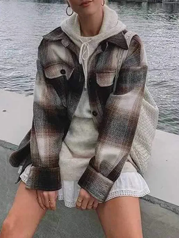 Shacket Vintage Pockets Over-sized Plaid Jacket