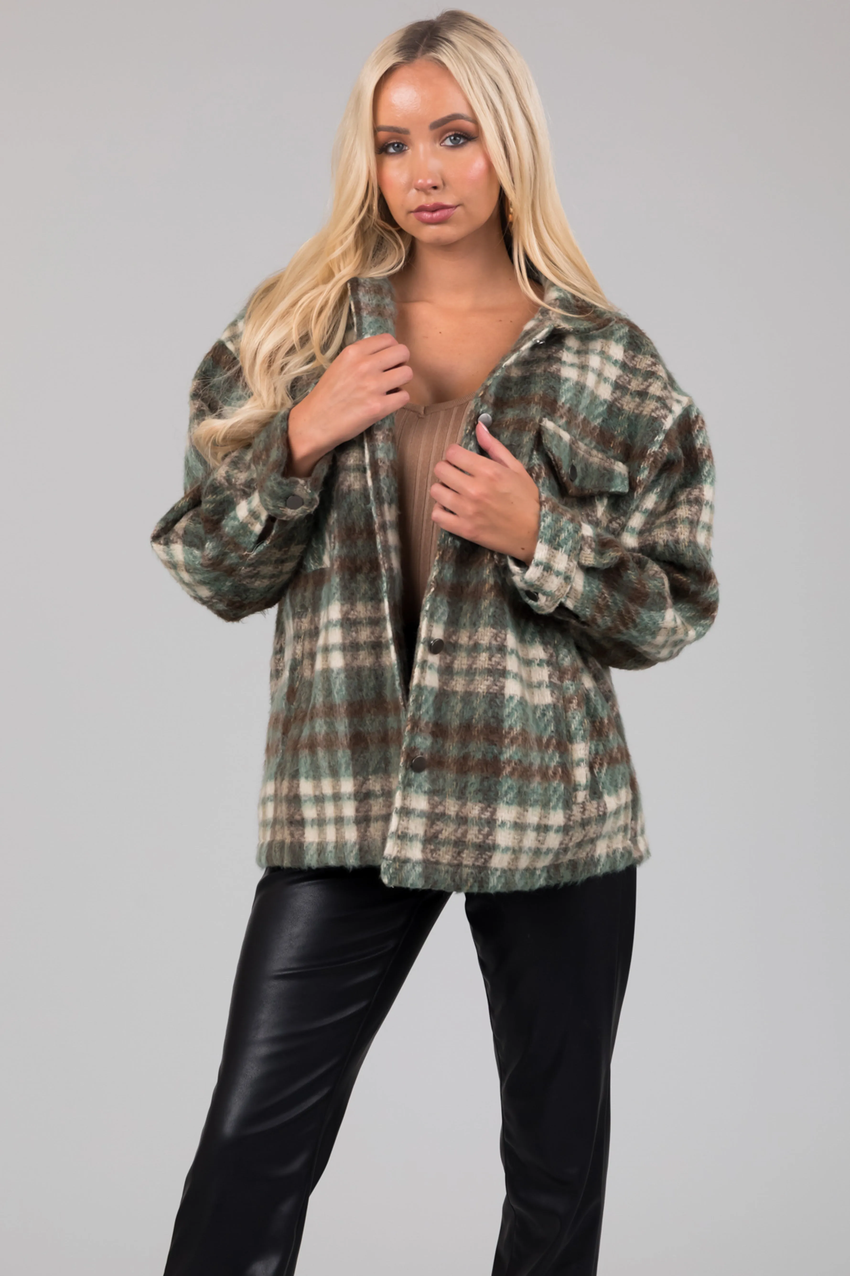 She Sky Olive Brushed Plaid Button Down Shacket