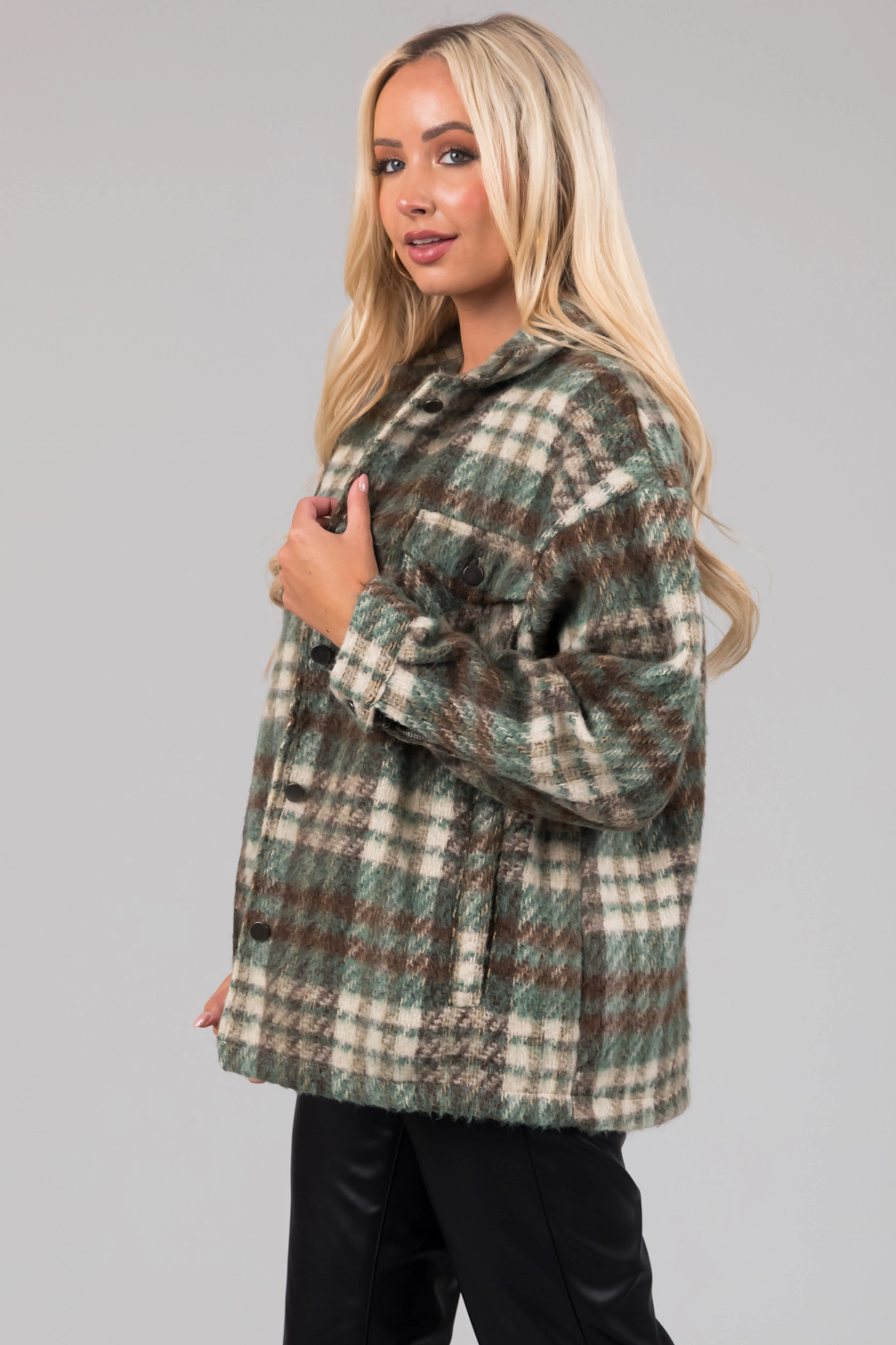 She Sky Olive Brushed Plaid Button Down Shacket