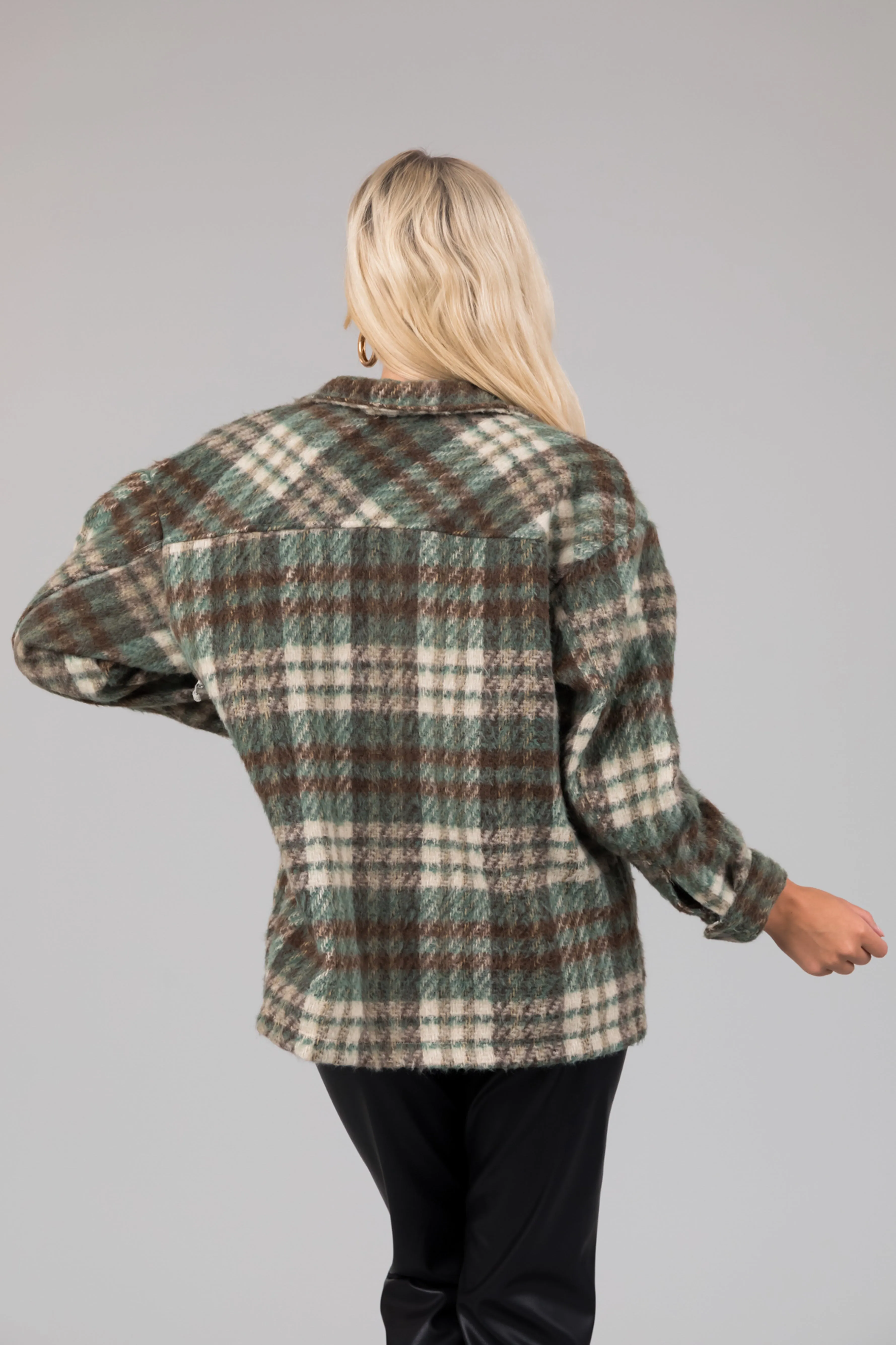 She Sky Olive Brushed Plaid Button Down Shacket