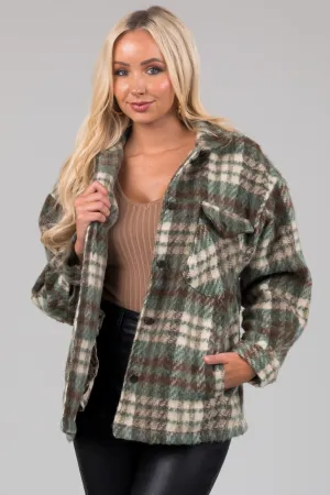 She Sky Olive Brushed Plaid Button Down Shacket