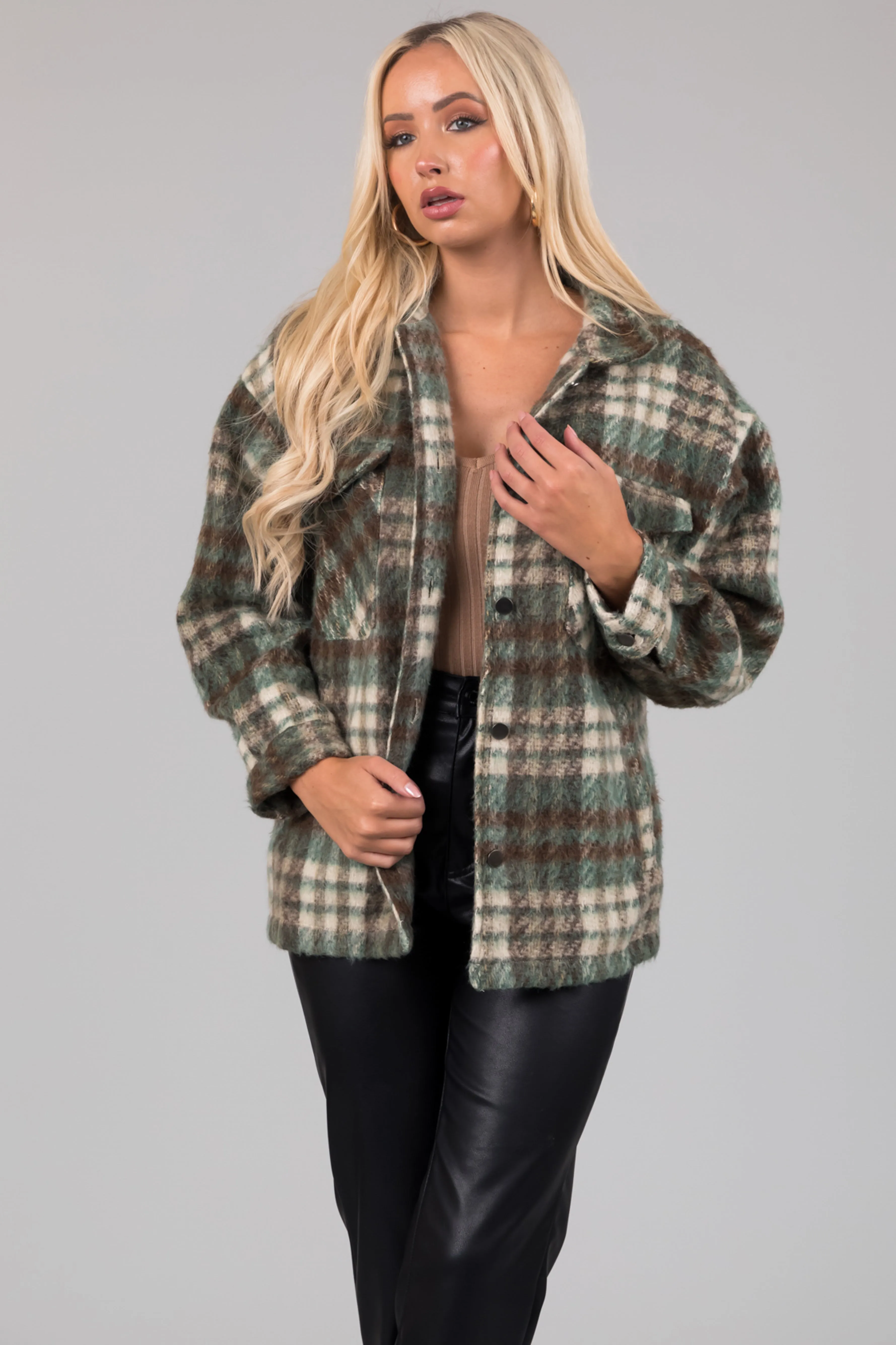 She Sky Olive Brushed Plaid Button Down Shacket