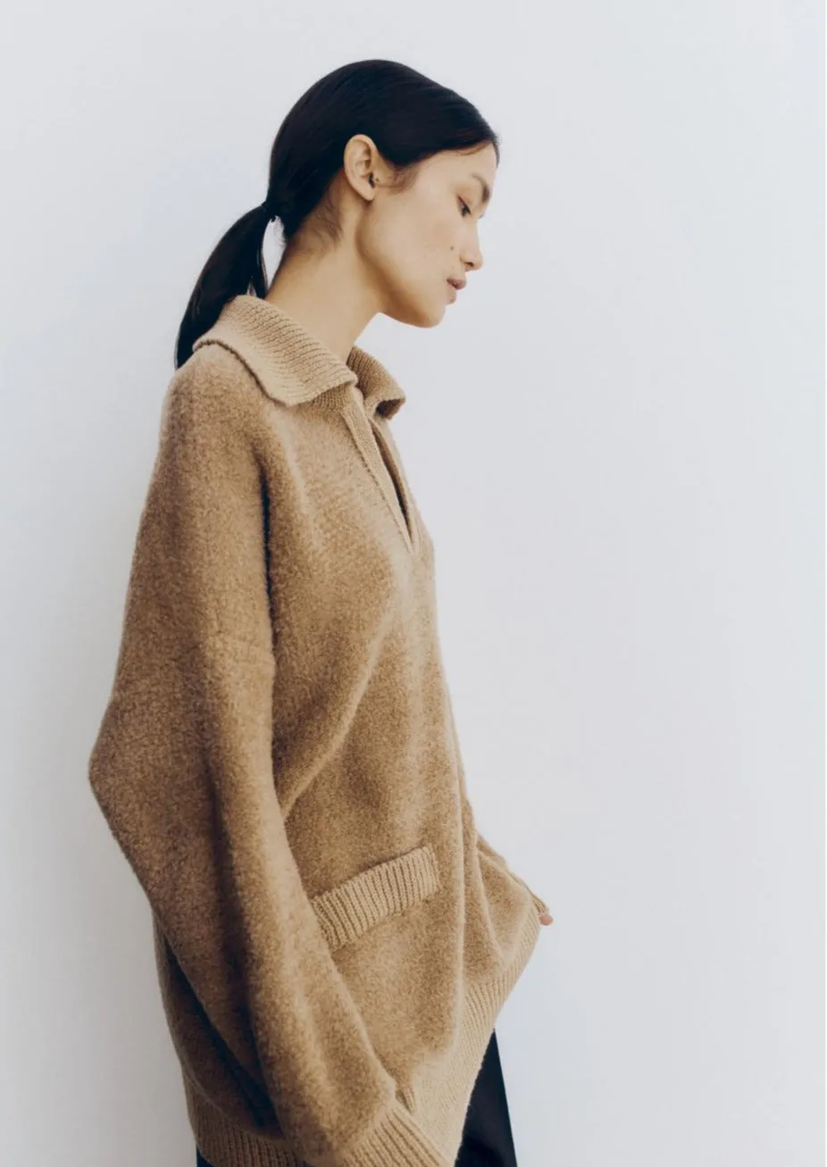 Shearling Polo Sweater, Camel