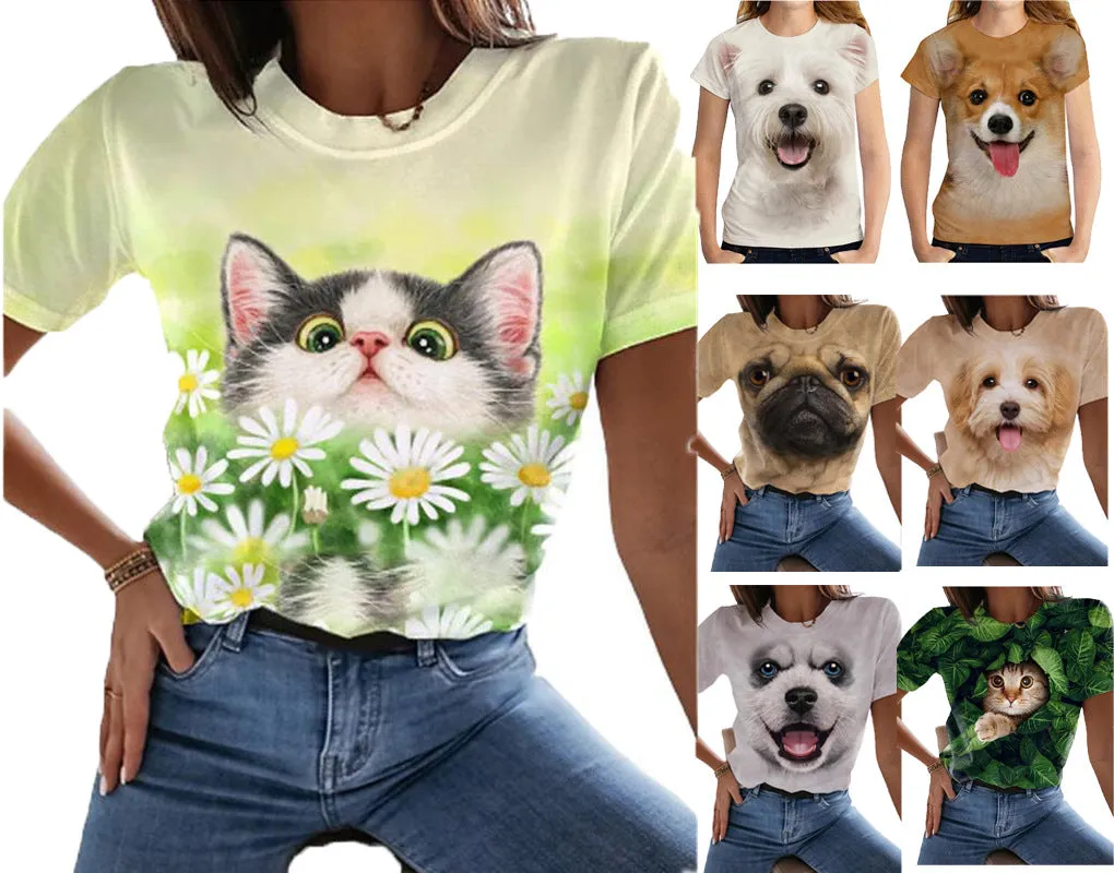 Short-sleeved Sports Loose Cute Puppy Youth Collarless Cartoon Anime Women's Clothing