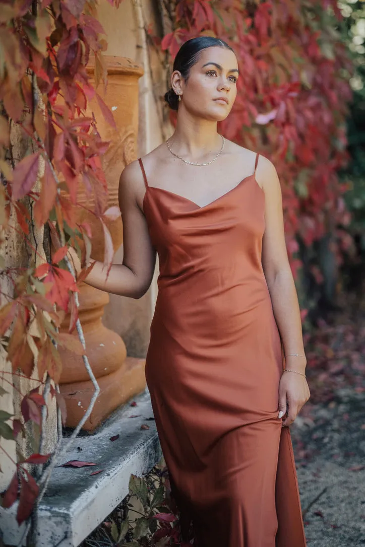 Show Stopper Copper Satin Strappy Bias Slip Dress