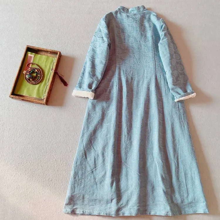 Solid Qipao Dress with Fur Lining