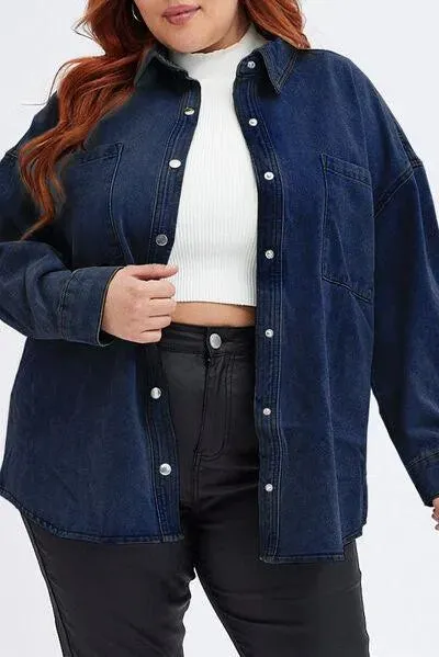 Stylish Plus Size Denim Jacket: Snap Down & Pocketed - Women's Shackets