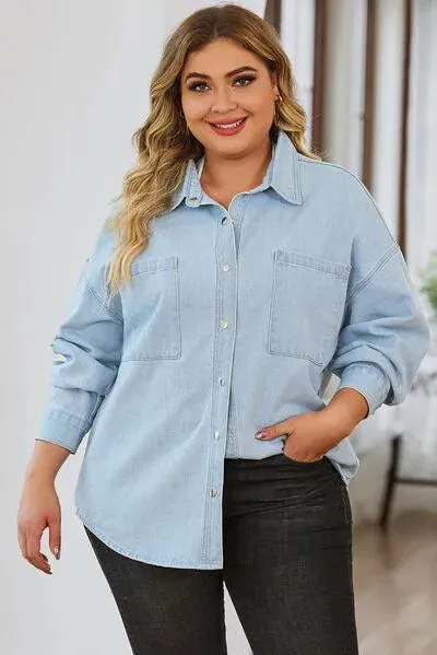 Stylish Plus Size Denim Jacket: Snap Down & Pocketed - Women's Shackets