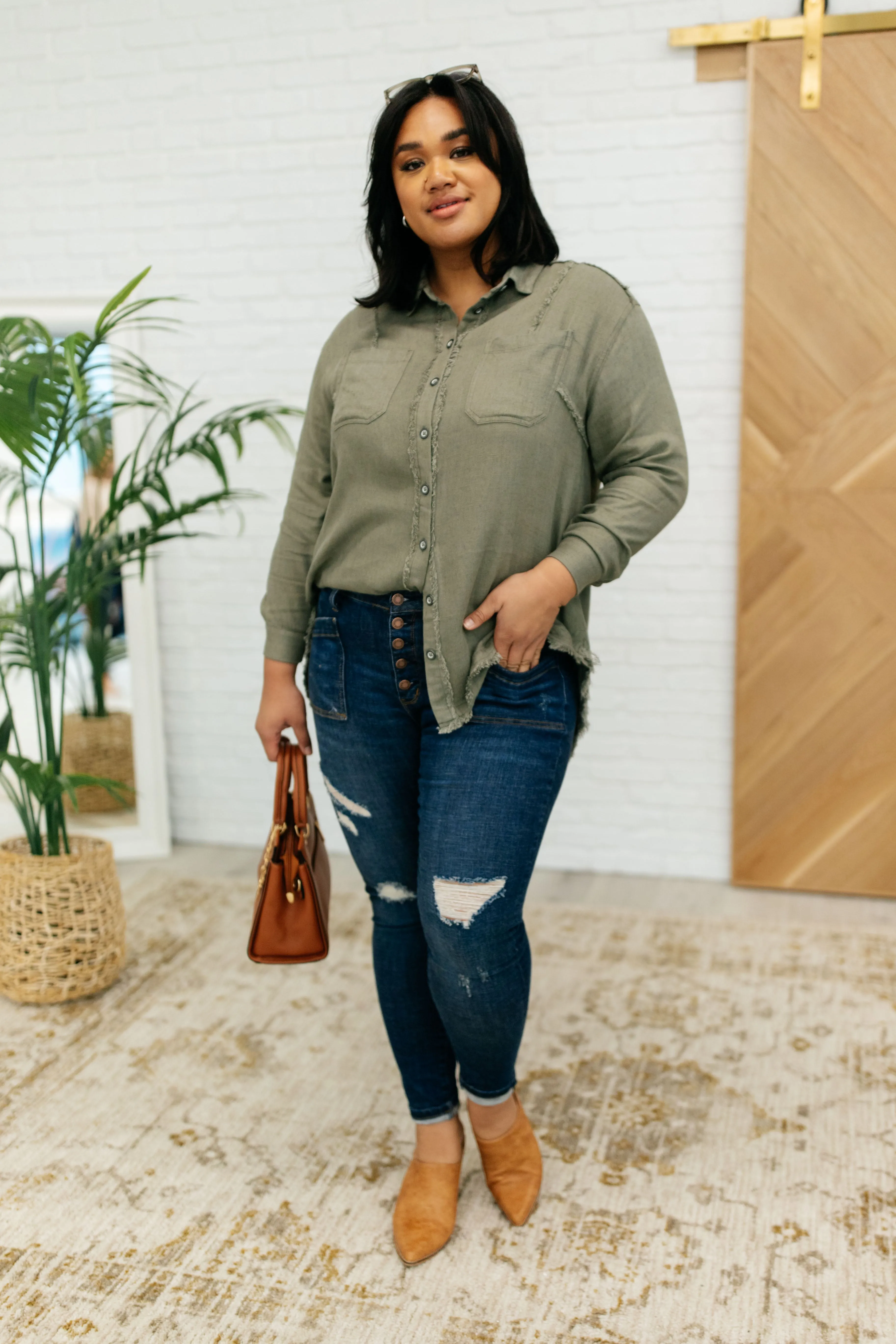 Sweet Kiss Button Down Top in Olive