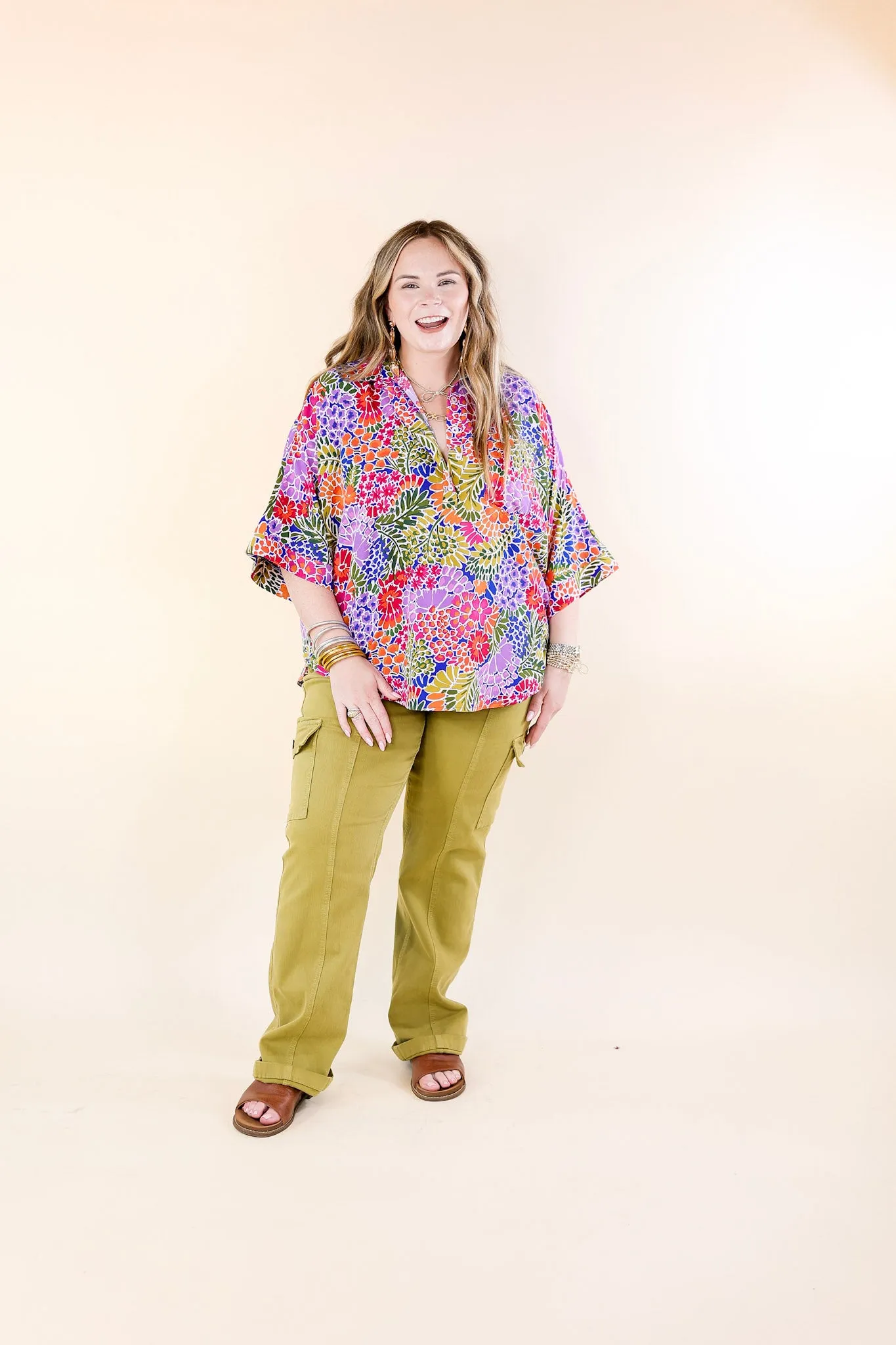 Sweet Surprise Multi-Color Floral Print Half Button Up Poncho Top with Collared Neckline