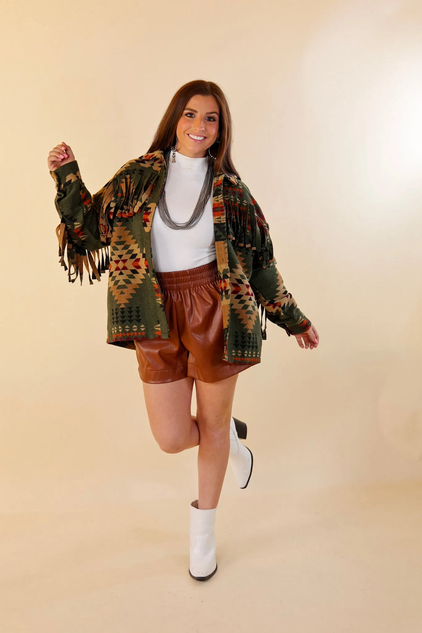 Take Over Aztec Print Button Up Jacket with Fringe in Olive Green