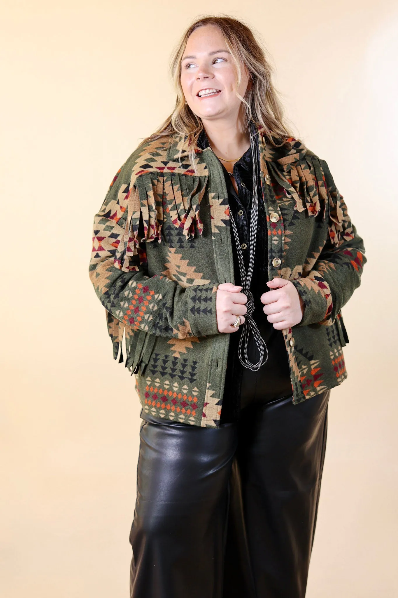 Take Over Aztec Print Button Up Jacket with Fringe in Olive Green