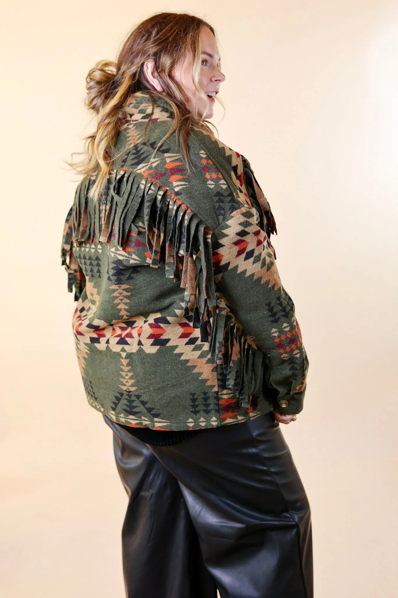 Take Over Aztec Print Button Up Jacket with Fringe in Olive Green