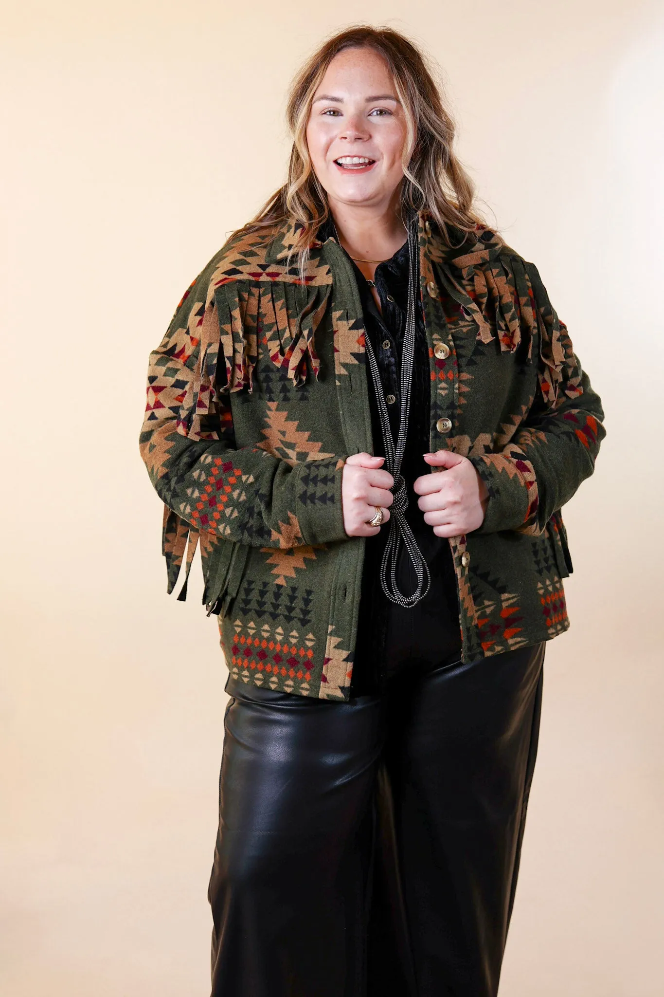 Take Over Aztec Print Button Up Jacket with Fringe in Olive Green