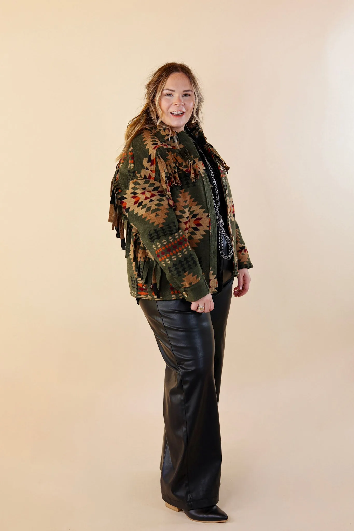 Take Over Aztec Print Button Up Jacket with Fringe in Olive Green