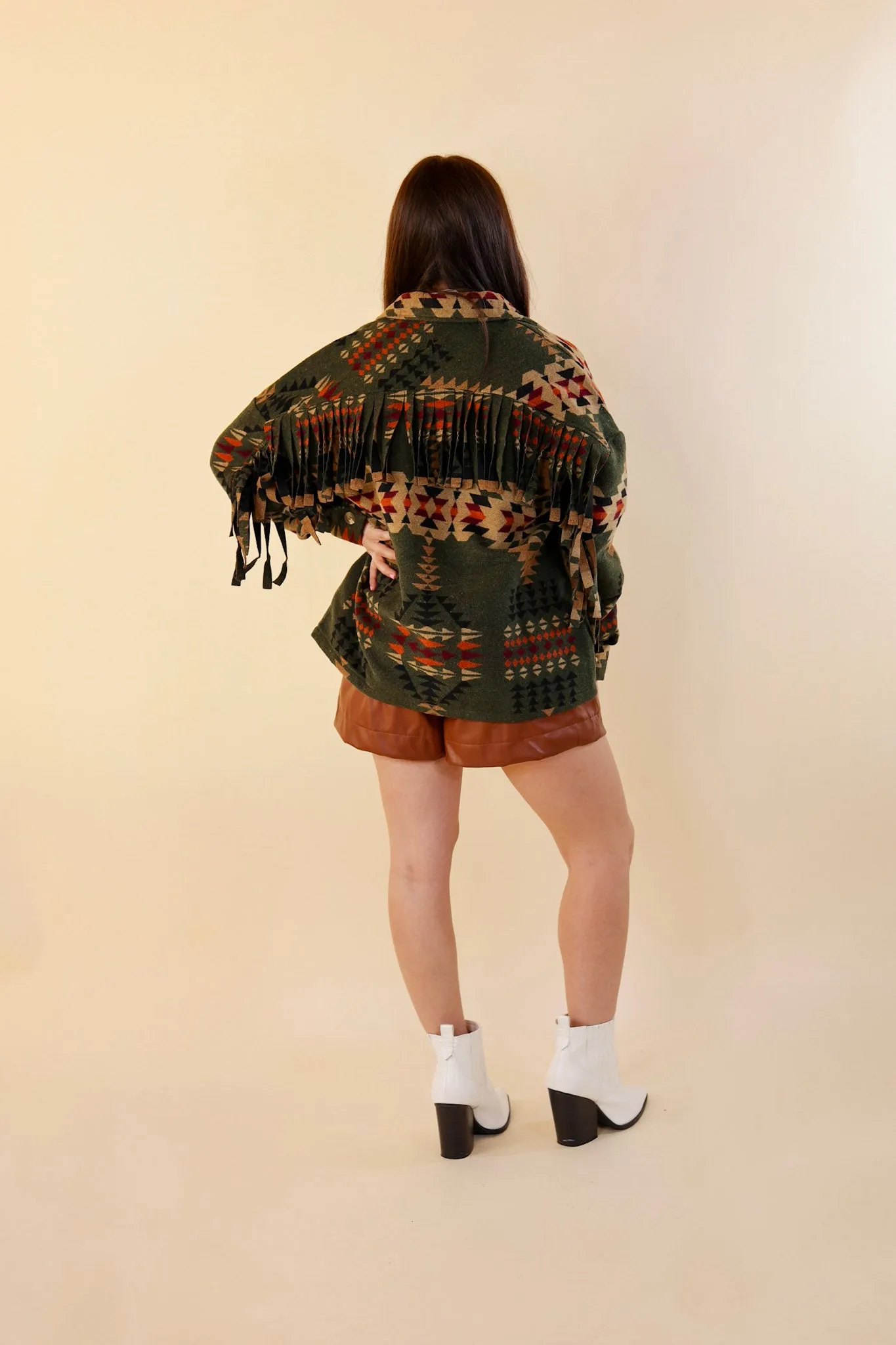 Take Over Aztec Print Button Up Jacket with Fringe in Olive Green