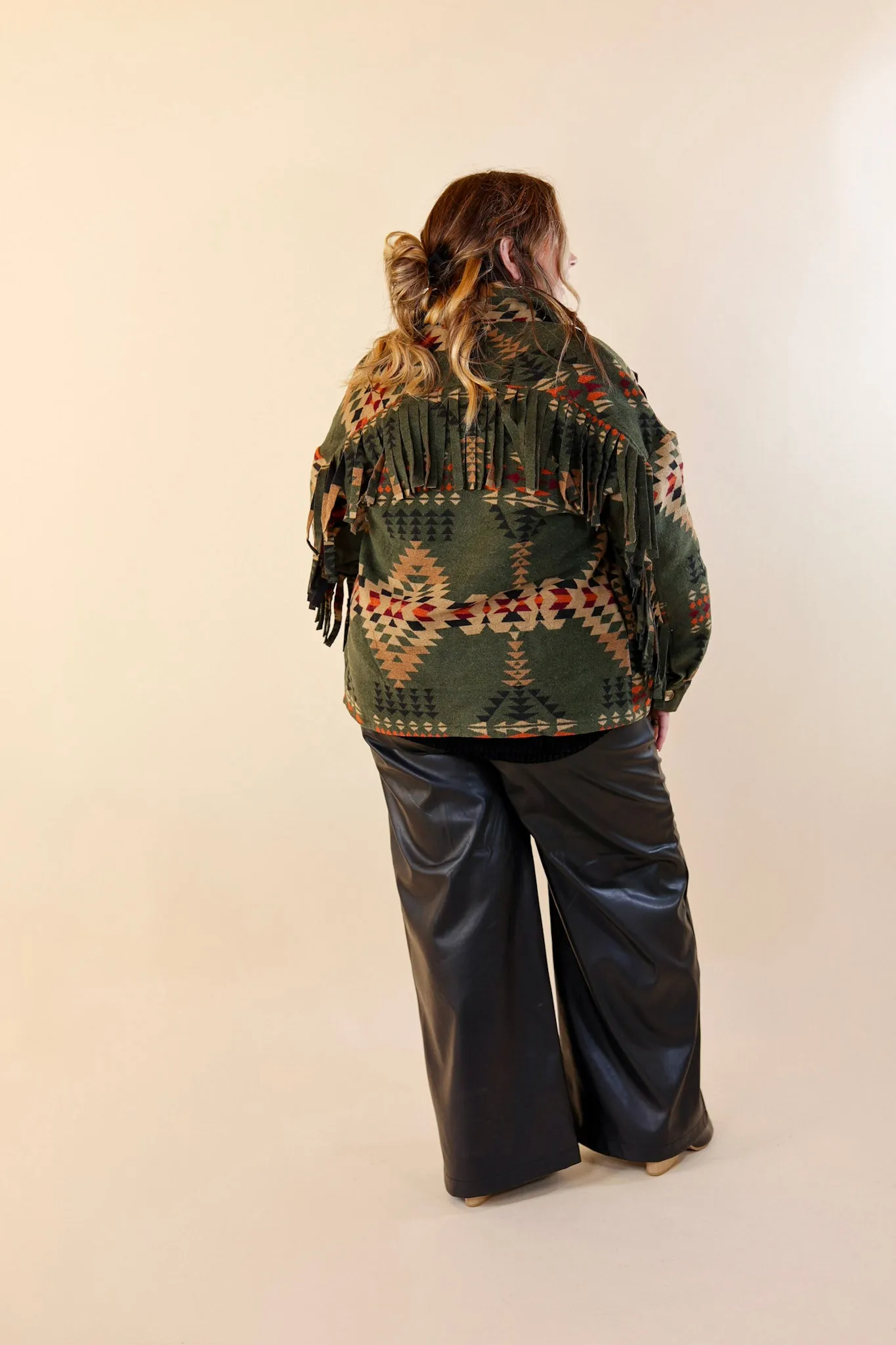 Take Over Aztec Print Button Up Jacket with Fringe in Olive Green