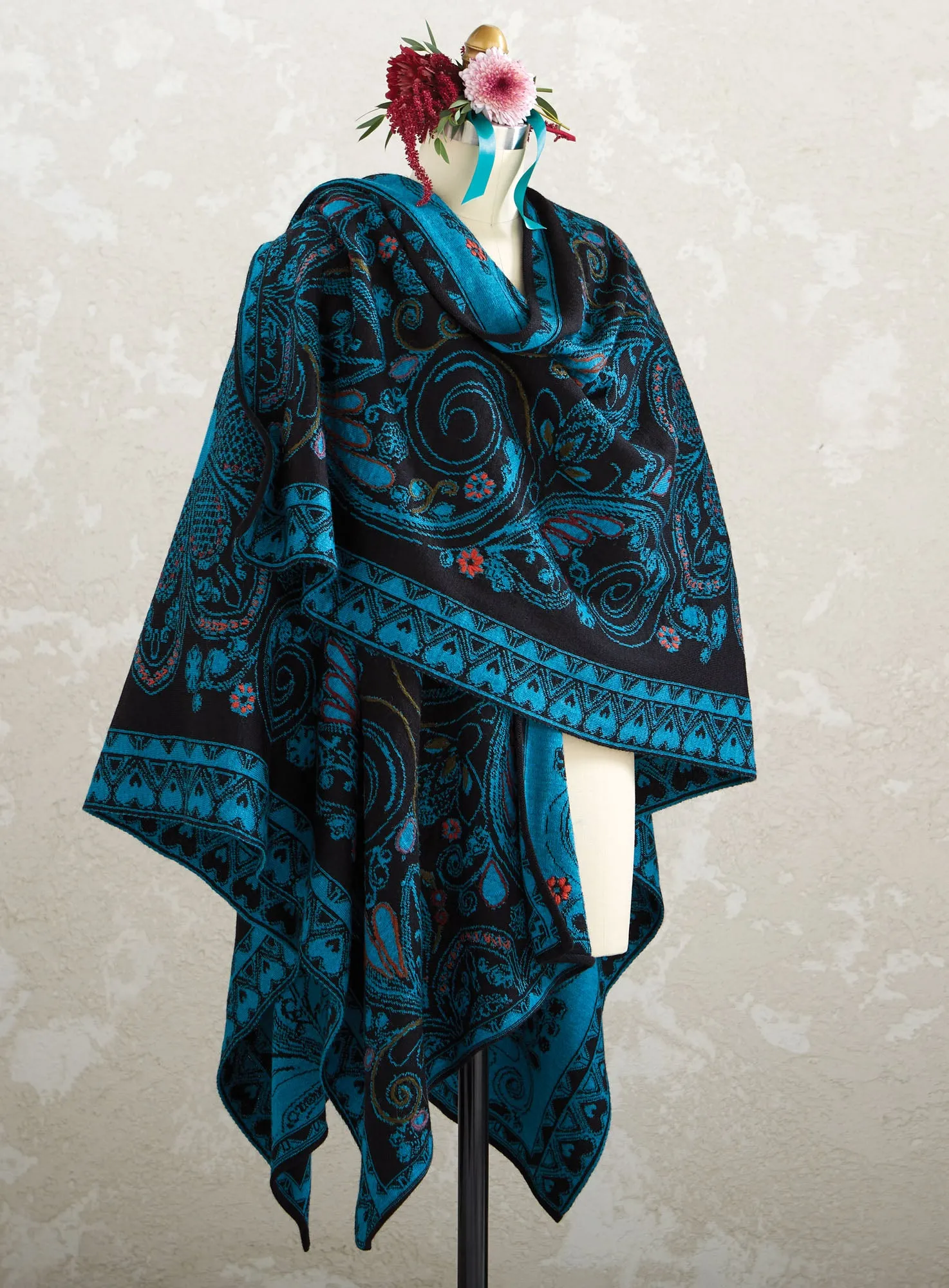 Teal Jacquard Reversible Alpaca Poncho