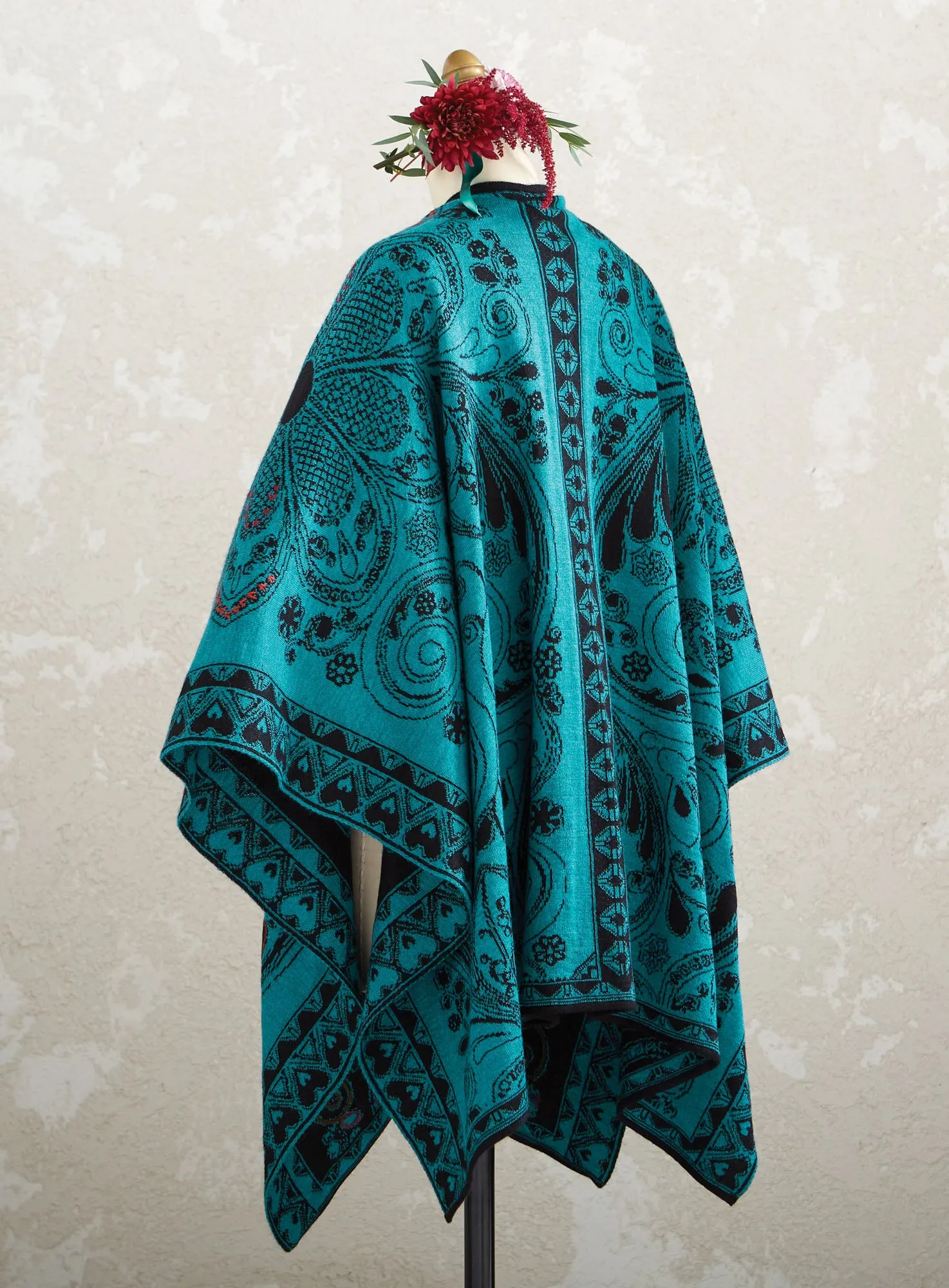 Teal Jacquard Reversible Alpaca Poncho