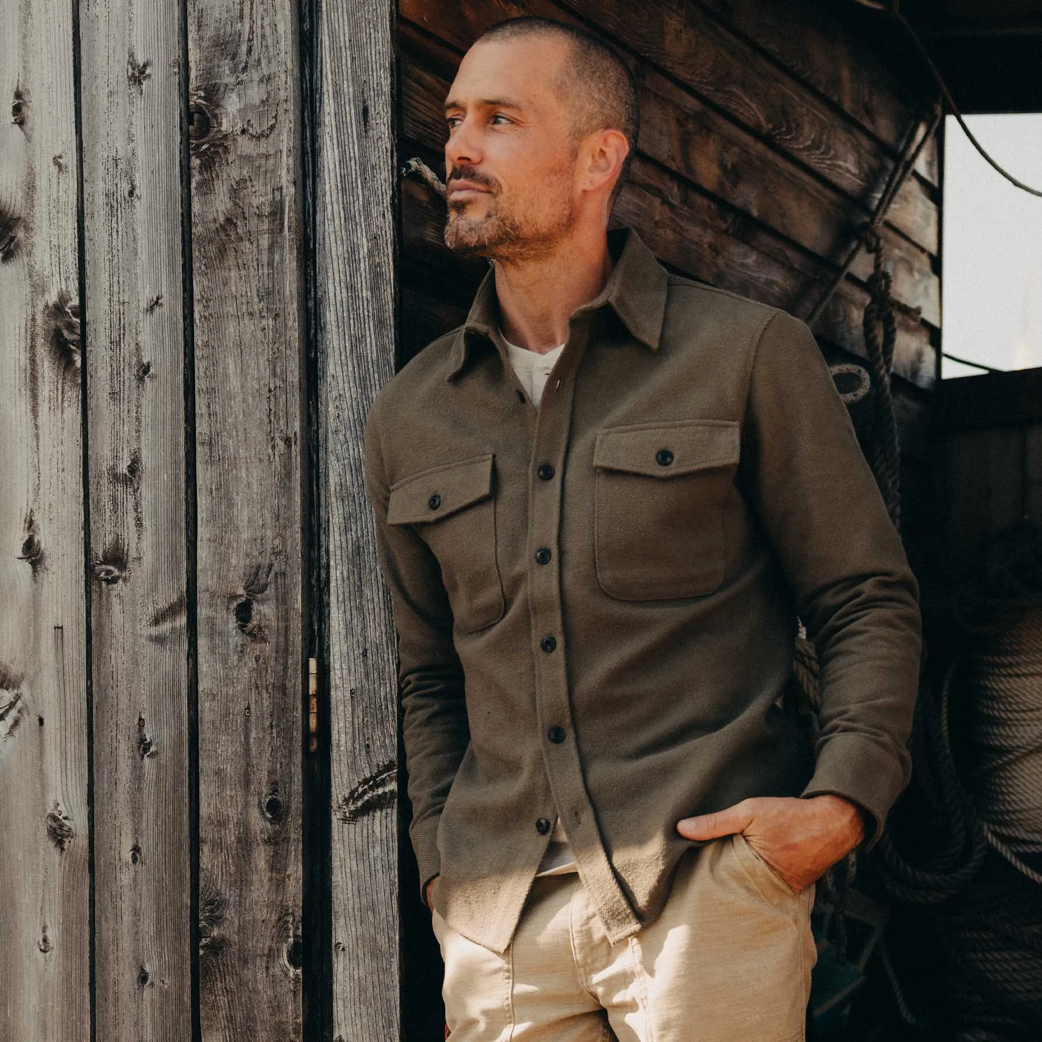 The Maritime Shirt Jacket in Fatigue Olive Moleskin Twill